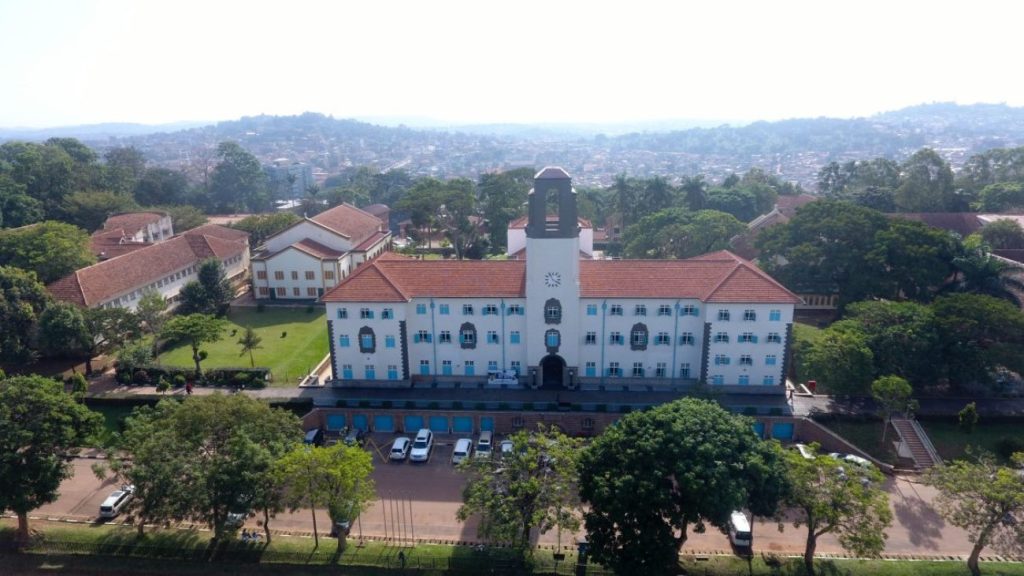 An elevated afternoon image of the Main Building, as taken by a drone over the Freedom Square, Kampala Uganda, East Africa.