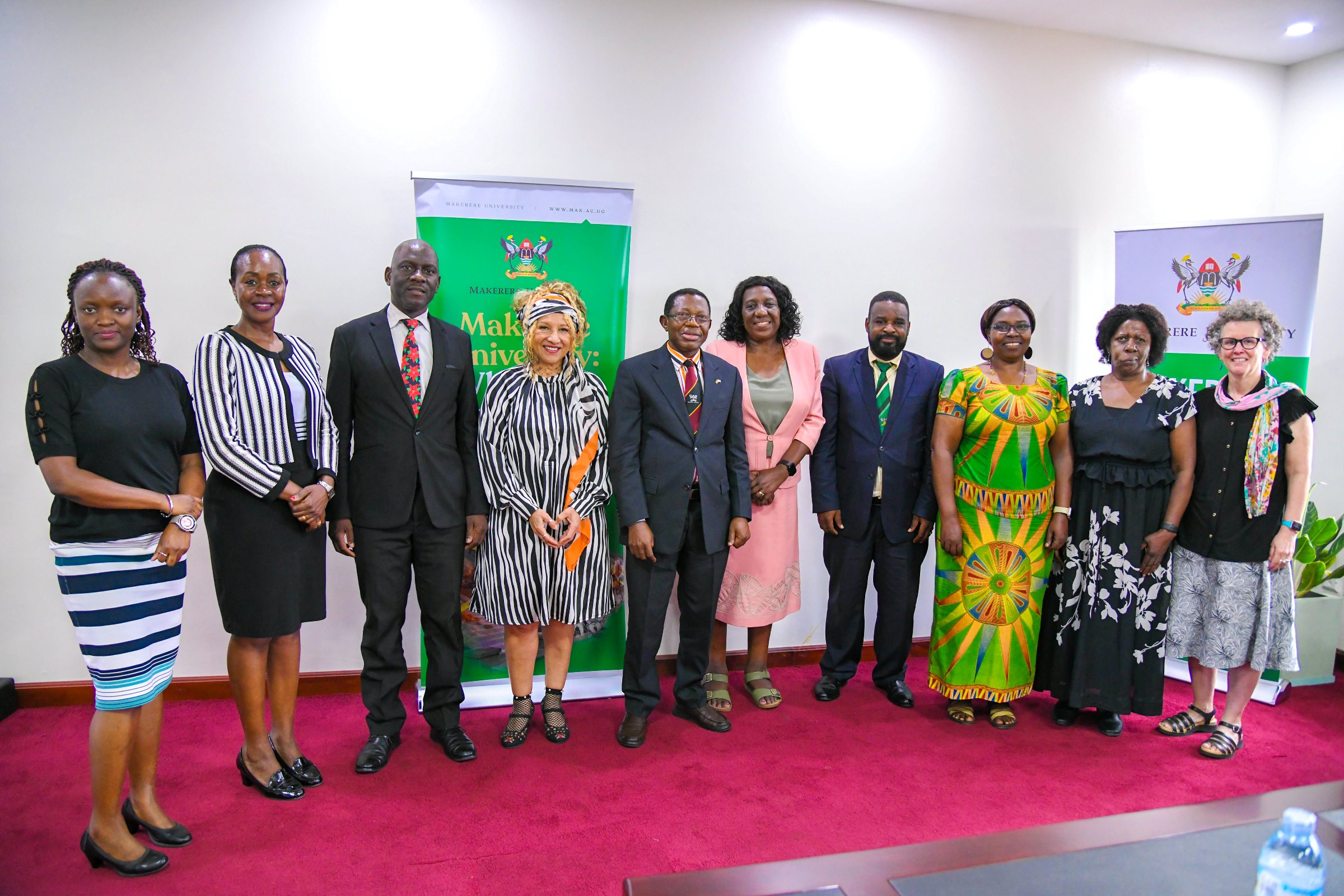 Prof. Buyinza Mukadasi (5th L) with Right to Left: Prof. Marlene Rebori, Prof. Margaret Khaitsa, Dr. Euzobia Mugisha Baine, Assoc. Prof. Robert Wamala, Dr. Naomi Lumutenga, Dr. Soraya Beukes, Assoc. Prof. Julius Kikooma, Dr. Winifred Kabumbuli and Ms. Doreen Tazwaire during the courtesy call on 8th July 2025. Higher Education Resource Services–East Africa (HERS-EA) delegation courtesy call on the Vice Chancellor ahead of the HERS-EA Eighth Academy, 8th July 2025, Main Building, Makerere University, Kampala Uganda, East Africa.