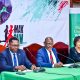 Prof. Barnabas Nawangwe (C) flanked by Dr. Maggie Kigozi (R) and Mr. Mark Muyobo (L) on 9th July 2025 at Makerere University. Makerere University Endowment Fund (MakEF)’s flagship initiative – the Makerere University Marathon unveiling of NCBA Bank Uganda as Platinum Sponsor with UGX 1.45 Billion over five years, 9th July 2025, Kampala, East Africa.