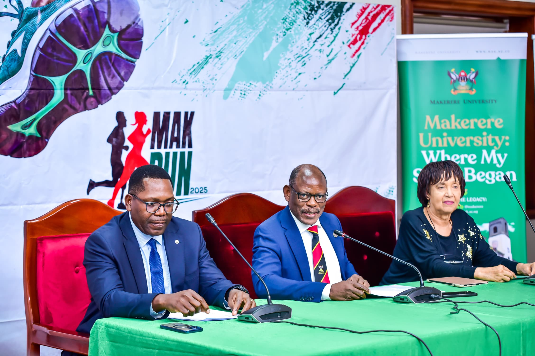 Prof. Barnabas Nawangwe (C) flanked by Dr. Maggie Kigozi (R) and Mr. Mark Muyobo (L) on 9th July 2025 at Makerere University. Makerere University Endowment Fund (MakEF)’s flagship initiative – the Makerere University Marathon unveiling of NCBA Bank Uganda as Platinum Sponsor with UGX 1.45 Billion over five years, 9th July 2025, Kampala, East Africa.