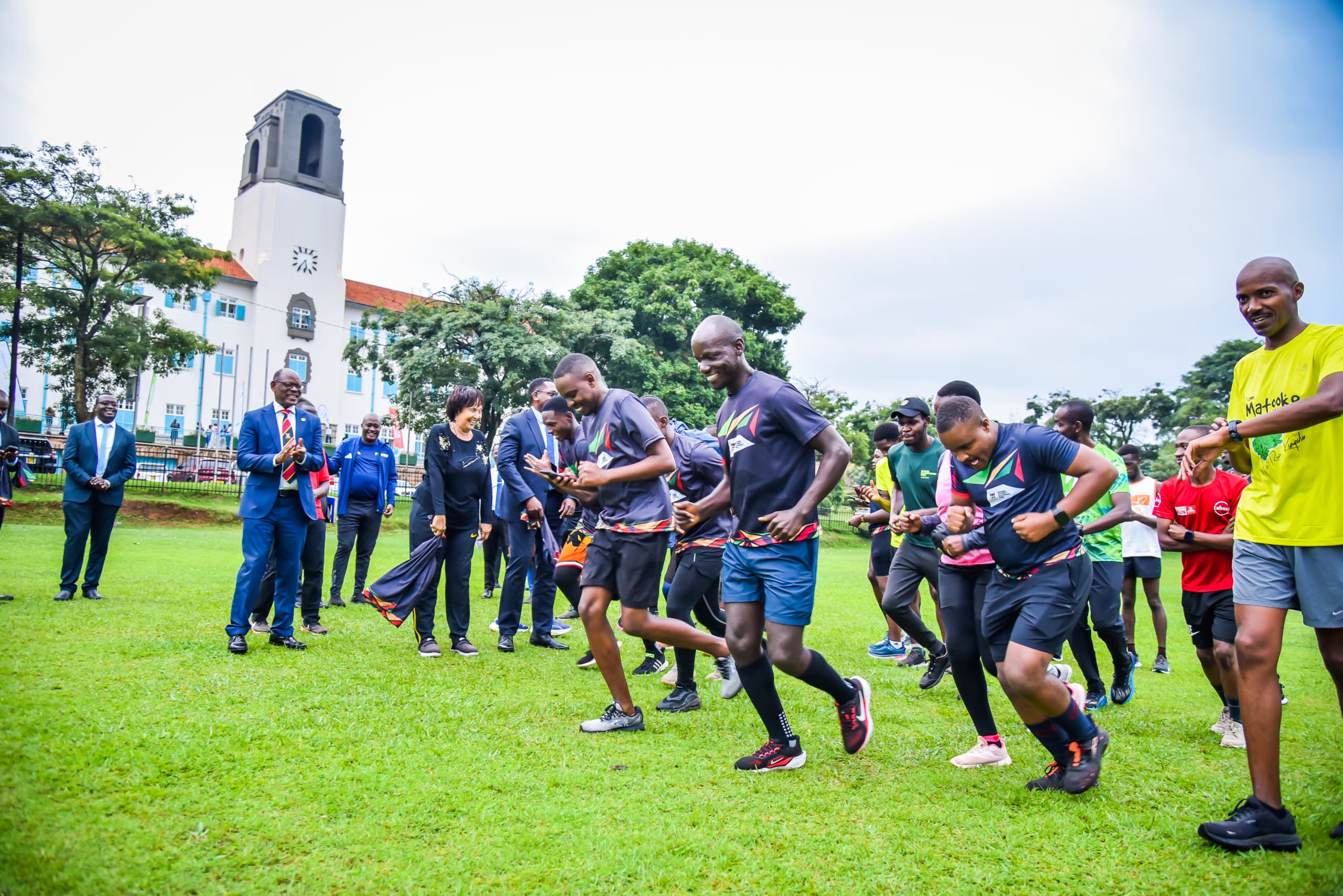 Runners get flagged off for an evening run after the unveiling ceremony. Makerere University Endowment Fund (MakEF)’s flagship initiative – the Makerere University Marathon unveiling of NCBA Bank Uganda as Platinum Sponsor with UGX 1.45 Billion over five years, 9th July 2025, Kampala, East Africa.