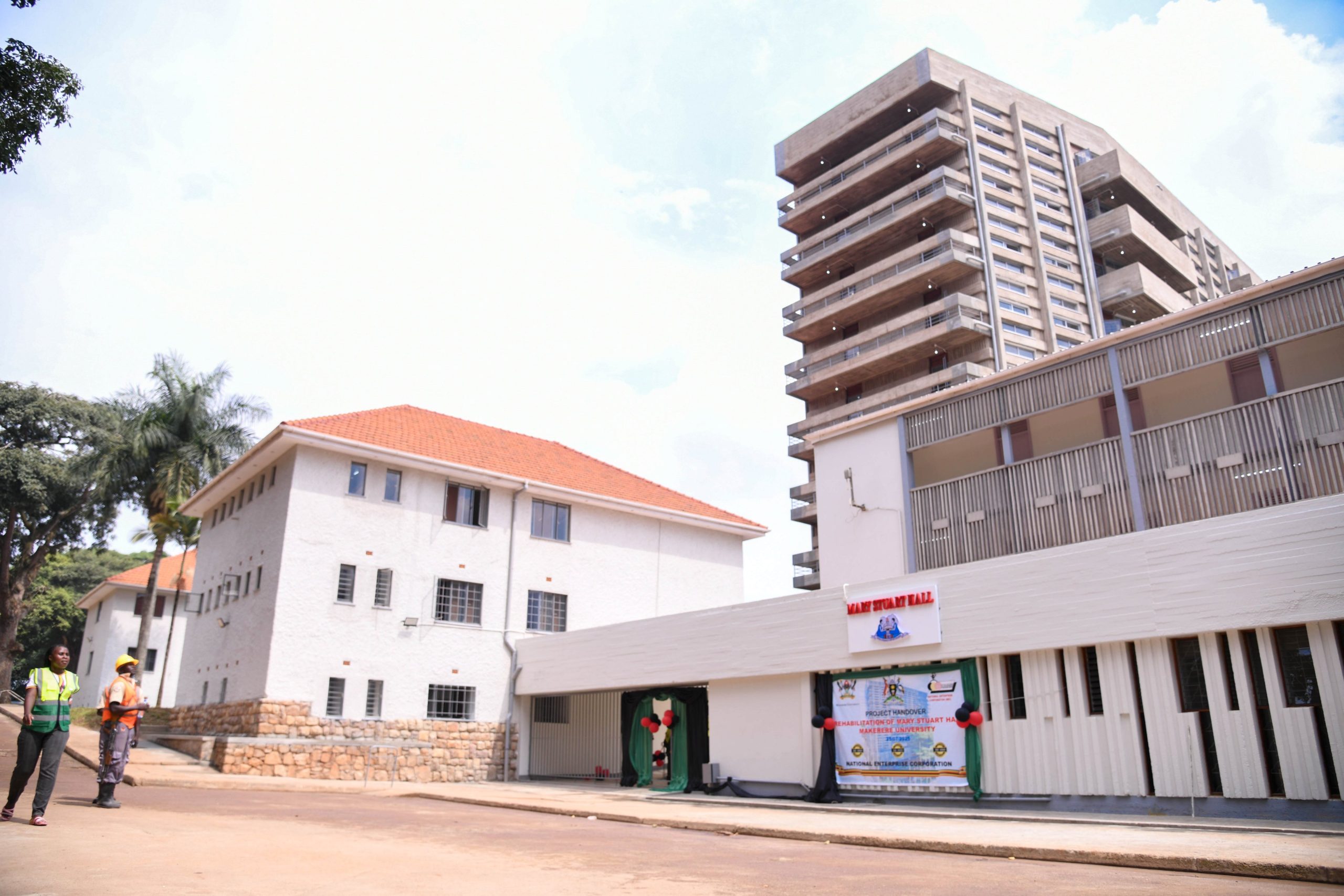 Some of the blocks of the renovated Mary Stuart Hall including the Tower (Box). The National Enterprise Corporation (NEC) hands over fully refurbished Mary Stuart Hall. The renovation, which cost UGX 10.5 billion, began on 26th July 2024 and was completed exactly a year later, on 25th July 2025. Makerere University, Kampala Uganda, East Africa.