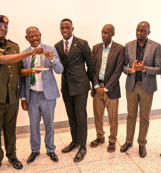 Left to Right: MD and CEO NEC-Lt. Gen. James Mugira conducts a symbolic handover of keys to the Vice Chancellor-Prof. Barnabas Nawangwe as 91st Guild President-H.E. Ssentamu Churchill James, Principal CEES and Ag. DVCFA-Prof. Anthony Muwagga Mugagga, Deputy University Secretary-Mr. Simon Kizito and Deputy Dean of Students-Dr. Rodney Rugyema witness on 25th July 2025. The National Enterprise Corporation (NEC) hands over fully refurbished Mary Stuart Hall. The renovation, which cost UGX 10.5 billion, began on 26th July 2024 and was completed exactly a year later, on 25th July 2025. Makerere University, Kampala Uganda, East Africa.