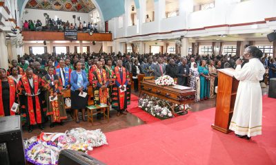 Rev. Scovia Kumakech (Right), University Leadership, Family and Friends join in song during Prof. Livingstone Luboobi's emotional send-off on 18th July 2025. Funeral service in honour of Professor Livingstone Sserwadda Luboobi, 18th July 2025, St. Francis Chapel, Makerere University, Kampala Uganda, East Africa.