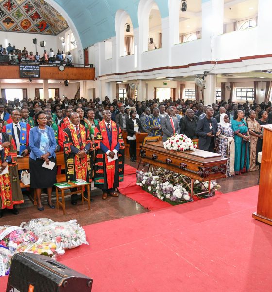 Rev. Scovia Kumakech (Right), University Leadership, Family and Friends join in song during Prof. Livingstone Luboobi's emotional send-off on 18th July 2025. Funeral service in honour of Professor Livingstone Sserwadda Luboobi, 18th July 2025, St. Francis Chapel, Makerere University, Kampala Uganda, East Africa.