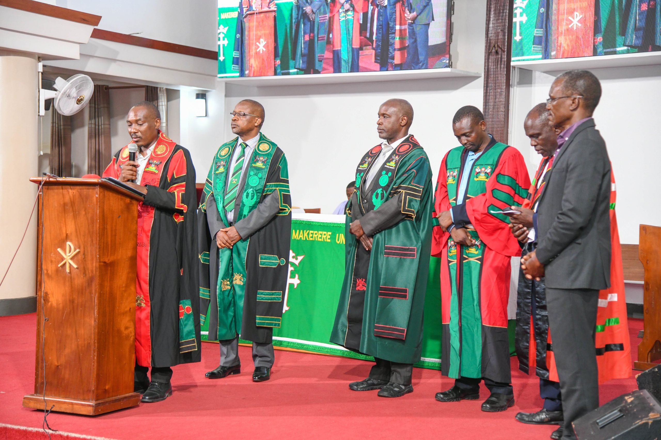 Left to Right: Prof. Winston Tumps Ireeta, Prof. Juma Kasozi, Prof. Michael Owor, Dr. Ismail MIrumbe, Prof. John Mango and Dr. Saul Nsubuga present the College of Natural Sciences (CoNAS)' remarks. Funeral service in honour of Professor Livingstone Sserwadda Luboobi, 18th July 2025, St. Francis Chapel, Makerere University, Kampala Uganda, East Africa.