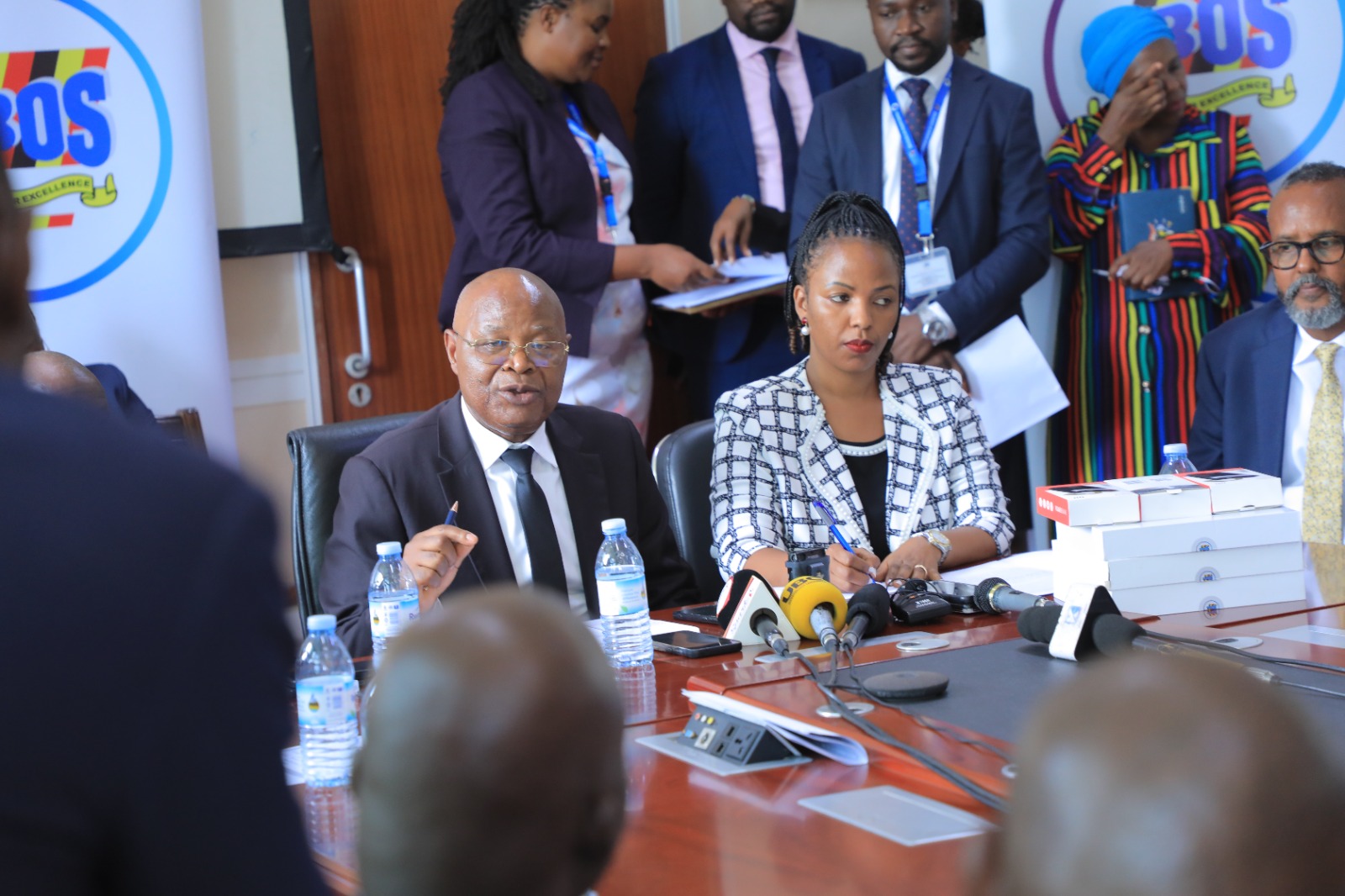 Dr. Chris Mukiza (L) flanked by his Board Director Dr. Allen Kabagenyi (R) addressing the meeting. Makerere University receiving 700 digital tablets from the Uganda Bureau of Statistics (UBOS), aimed at enhancing statistical research, teaching, and data-driven decision-making across the institution, 30th June 2025, Kampala Uganda, East Africa.