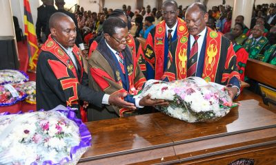 The Vice Chancellor alongside other university officials laying a wreath on Prof. Luboobi's Casket at St. Francis Chapel, Makerere