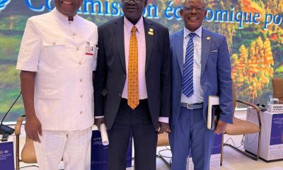 Prof. Charles Esimone (Left) ,Hon. Gabriel Changson Chang (center) with Prof. Barnabas Nawangwe at the 11th Africa Regional Forum at Speke Resort Munyonyo in Kampala