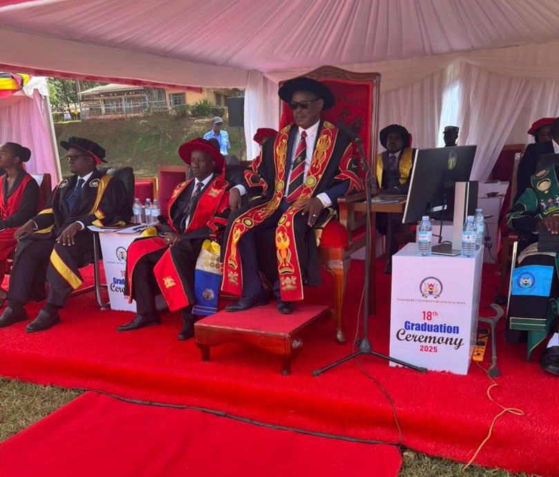 Front Line: The Vice Chancellor, Prof. Barnabas Nawangwe (R) along side other officials at MUBS graduation.