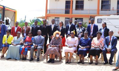 Seated: The Vice Chancellor, Prof. Barnabas Nawangwe (R) with the First Lady and Minister of Education and Sports, Hon. Janet Museveni (C) along side other officials in Mbarara.