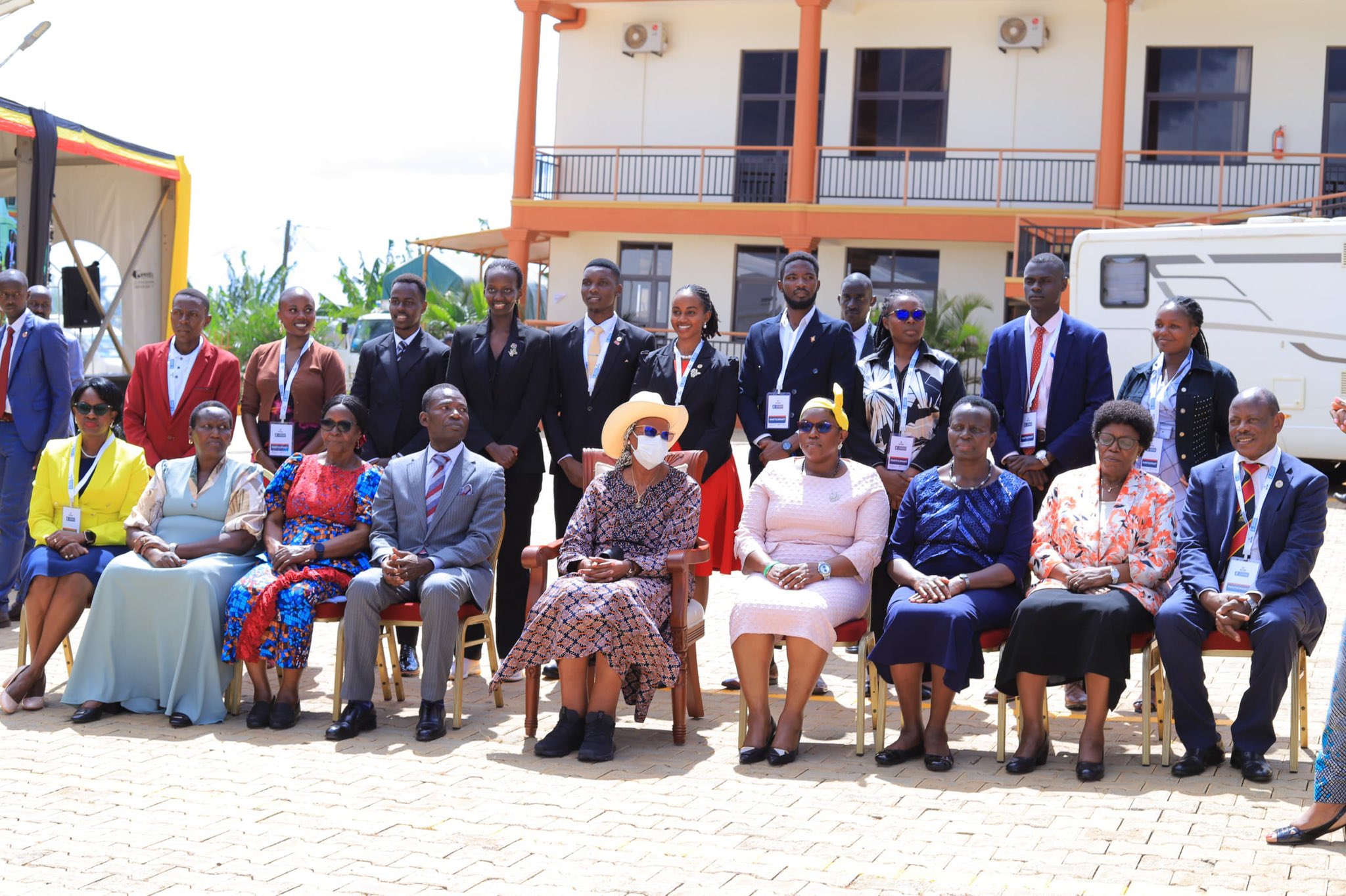 Seated: The Vice Chancellor, Prof. Barnabas Nawangwe (R) with the First Lady and Minister of Education and Sports, Hon. Janet Museveni (C) along side other officials in Mbarara.