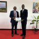 The Vice Chancellor, Prof. Barnabas Nawangwe (L) with Mr. Churchill (R) at Makerere University.