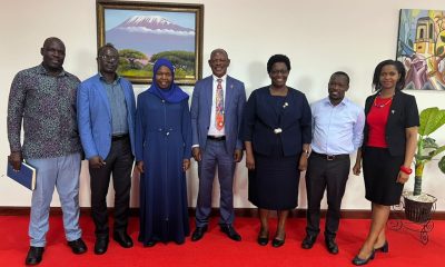 The Vice Chancellor, Prof. Barnabas Nawangwe (Center) poses with Principal Helen Nambalirwa Nkabala (3rd Right) Dr. Fred Kakooza (2nd Right) , Dr. Marion Alina (Right), Dr. Aisha Nakiwala (3rd Left), Mr. Kaija Wilson (2nd Left) and Dr. Imokola John Baptist (Left)