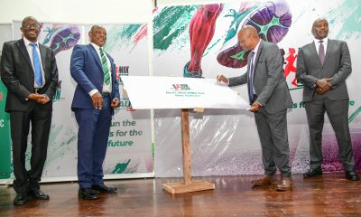The Vice Chancellor, Prof. Barnabas Nawangwe (2ND L) with the Minister of State for sports, Hon. Peter Ogwang (2ND R) along side other officials.