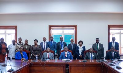 Seated: The Vice Chancellor, Prof. Barnabas Nawangwe (3RD L) along side other officials during a meeting at Makerere University.