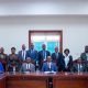 Seated: The Vice Chancellor, Prof. Barnabas Nawangwe (3RD L) along side other officials during a meeting at Makerere University.