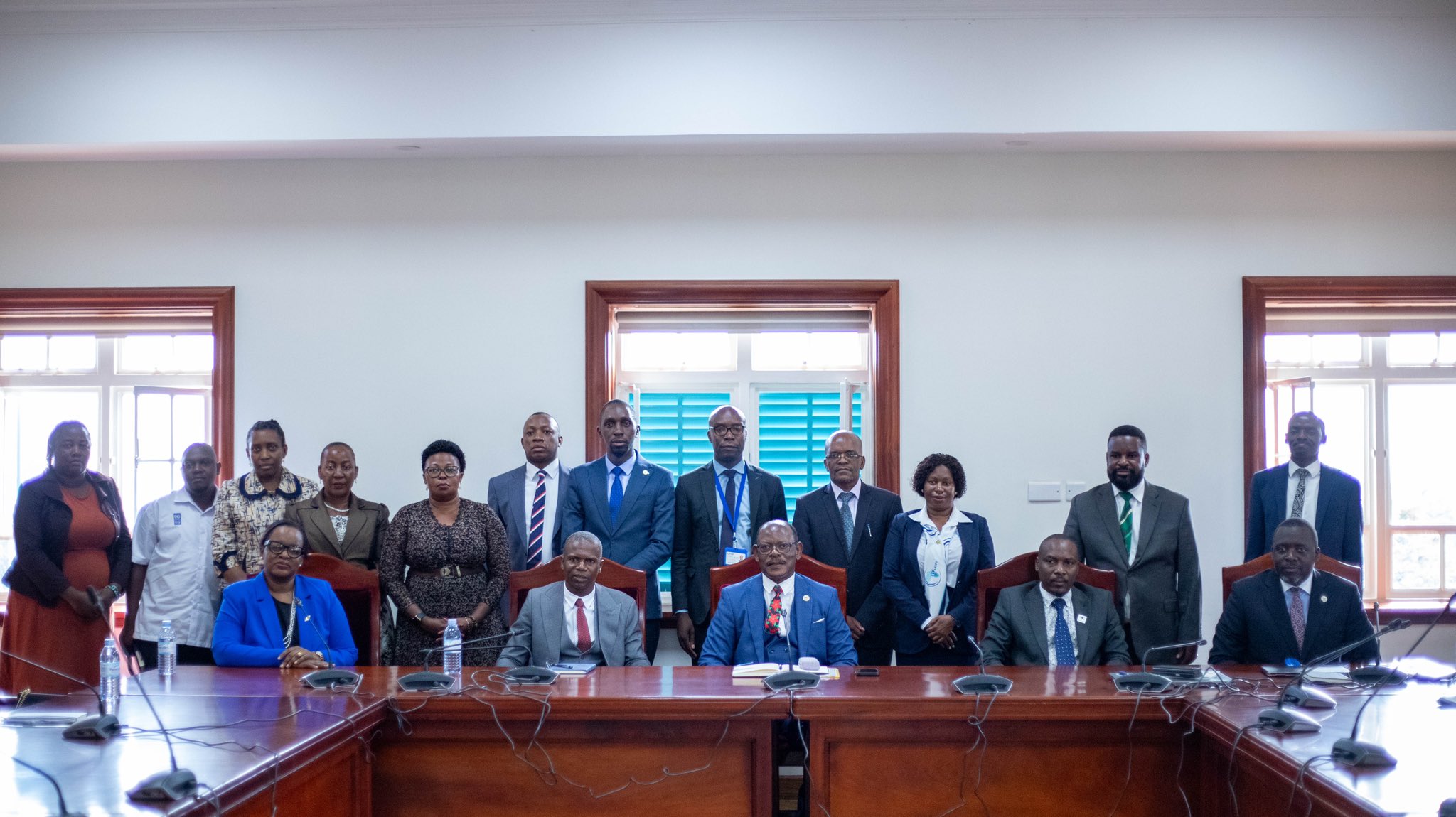 Seated: The Vice Chancellor, Prof. Barnabas Nawangwe (3RD L) along side other officials during a meeting at Makerere University.