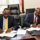 The Vice Chancellor, Prof. Barnabas Nawangwe (R) and the Chairman of NCS, Mr. Ambrose Tashobya (L) during the signing ceremony at Makerere University.
