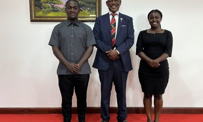 The Vice Chancellor, Prof. Barnabas Nawangwe (C) with former Guild President (L) and former Vice Guild President (R)