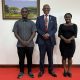 The Vice Chancellor, Prof. Barnabas Nawangwe (C) with former Guild President (L) and former Vice Guild President (R)