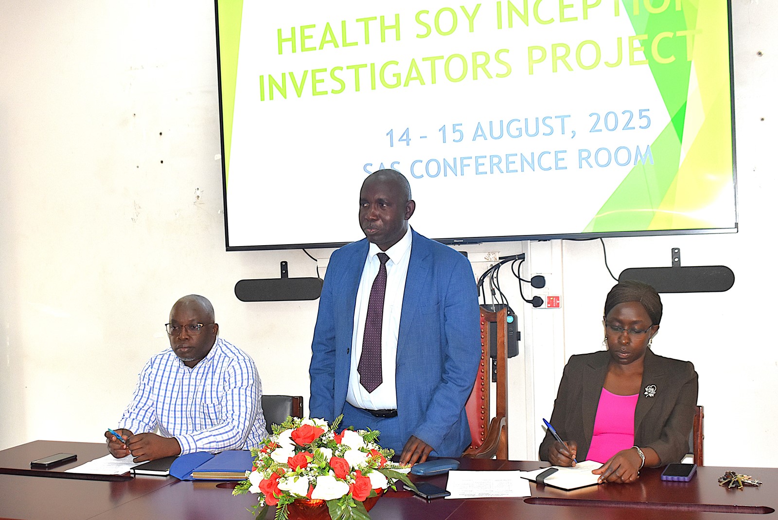 The Dean, School of Agricultural Sciences, Dr John Baptist Tumuhairwe delivering welcome remarks behalf of the Principal of CAES, Makerere University. Inception meeting for Healthy Soy Project Funded by the Danish Ministry of Foreign Affairs through DANIDA, to develop sustainable, affordable, and nutritious soy-based food solutions to help combat stunting in Uganda and other climate-vulnerable regions, 15th August 2025, College of Agricultural and Environmental Sciences (CAES), Makerere University, Kampala Uganda, East Africa.