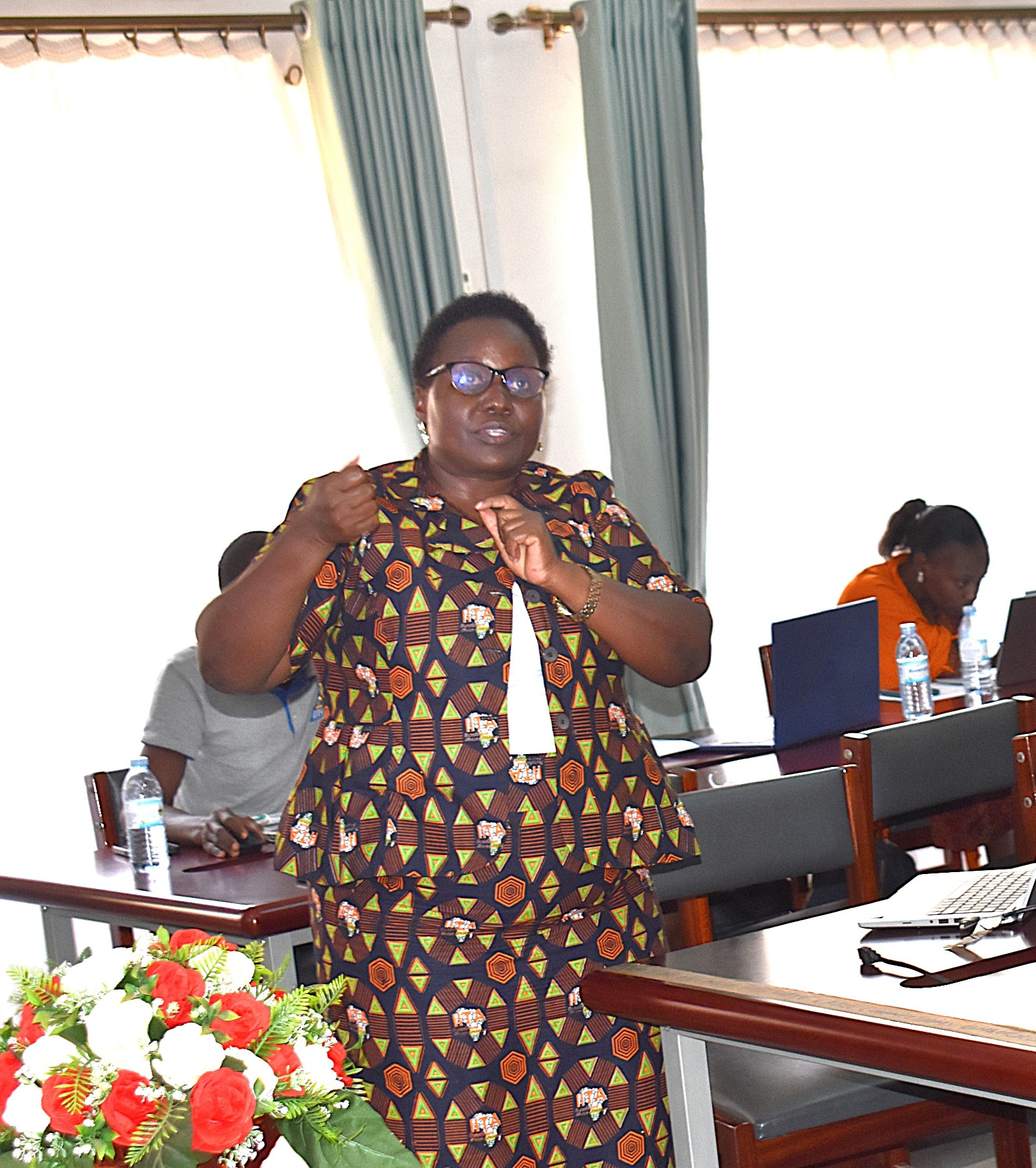 The Assistant Commissioner in charge of Seed Inspection and Certification at MAAIF, Dr Mary Teddy Asio delivering a presentation on the operations of the Ministry. Inception meeting for Healthy Soy Project Funded by the Danish Ministry of Foreign Affairs through DANIDA, to develop sustainable, affordable, and nutritious soy-based food solutions to help combat stunting in Uganda and other climate-vulnerable regions, 15th August 2025, College of Agricultural and Environmental Sciences (CAES), Makerere University, Kampala Uganda, East Africa.