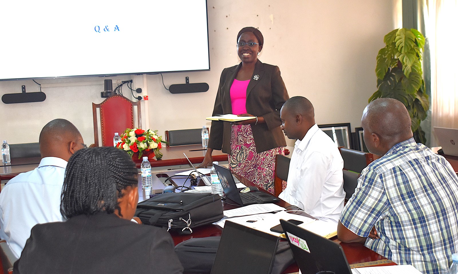 Dr. Mildred Ochwo Ssemakula addressing the team on the operations of the Crop Science and Horticulture Department at Makerere University. Inception meeting for Healthy Soy Project Funded by the Danish Ministry of Foreign Affairs through DANIDA, to develop sustainable, affordable, and nutritious soy-based food solutions to help combat stunting in Uganda and other climate-vulnerable regions, 15th August 2025, College of Agricultural and Environmental Sciences (CAES), Makerere University, Kampala Uganda, East Africa.