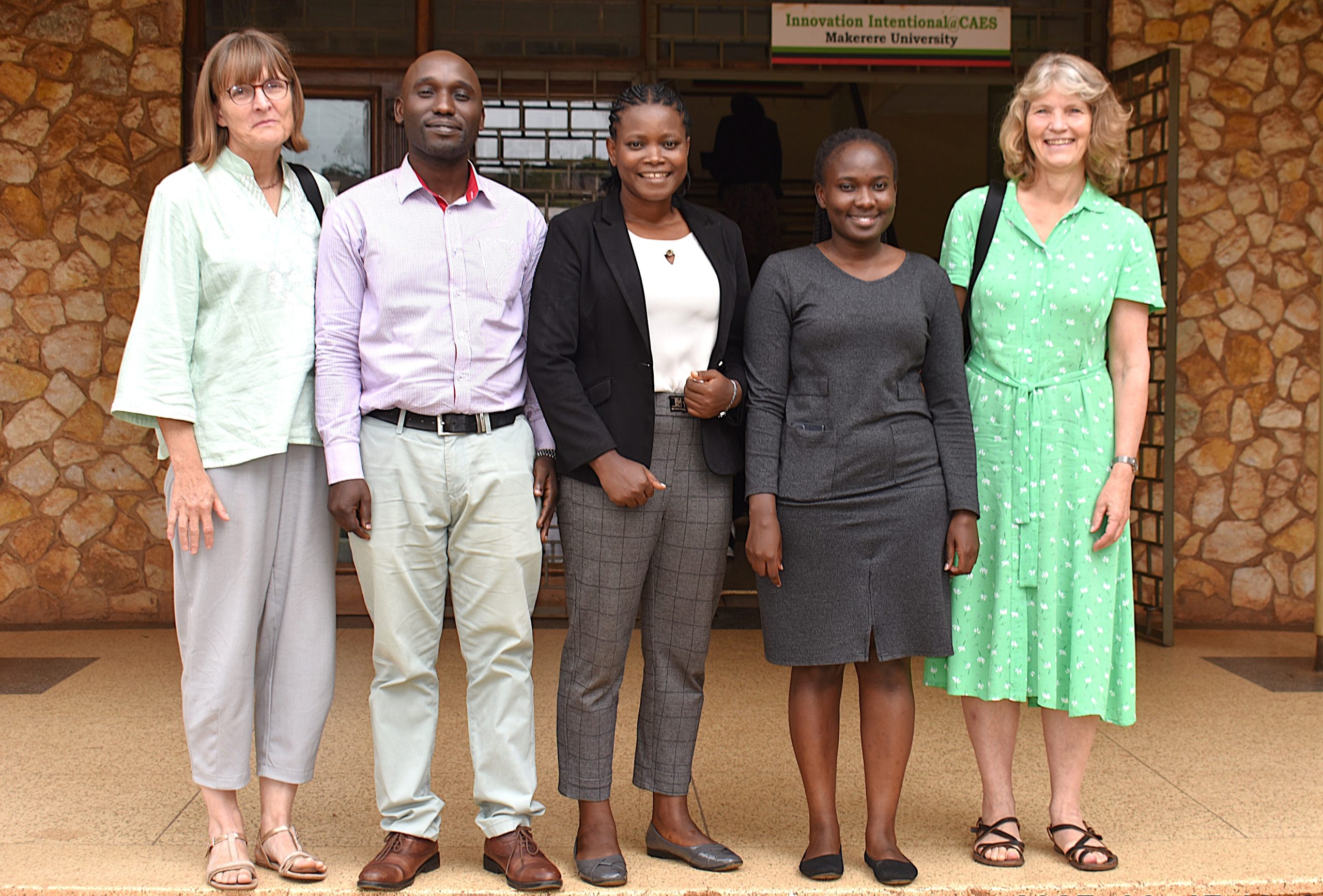 The PhD students supported by the Project, Mr Amos Asiimwe, Ms. Nashim Nassanga, and Ms. Prudence Ainomugisha with Prof. Benedikte Grenov and her colleague from the University of Copenhagen. Inception meeting for Healthy Soy Project Funded by the Danish Ministry of Foreign Affairs through DANIDA, to develop sustainable, affordable, and nutritious soy-based food solutions to help combat stunting in Uganda and other climate-vulnerable regions, 15th August 2025, College of Agricultural and Environmental Sciences (CAES), Makerere University, Kampala Uganda, East Africa.