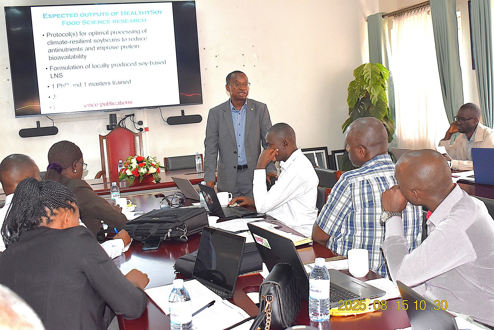 Prof. John Muyonga delivering a presentation on the expected output of the Healthy Soy Food Science research. Inception meeting for Healthy Soy Project Funded by the Danish Ministry of Foreign Affairs through DANIDA, to develop sustainable, affordable, and nutritious soy-based food solutions to help combat stunting in Uganda and other climate-vulnerable regions, 15th August 2025, College of Agricultural and Environmental Sciences (CAES), Makerere University, Kampala Uganda, East Africa.
