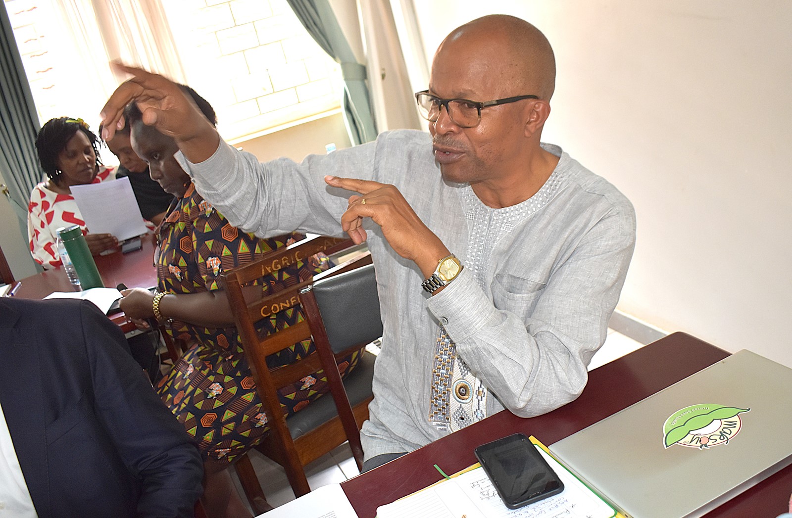 Prof. Phinehas Tukamuhabwa, Coordinator of the Healthy Soy Project sharing his views at the meeting. Inception meeting for Healthy Soy Project Funded by the Danish Ministry of Foreign Affairs through DANIDA, to develop sustainable, affordable, and nutritious soy-based food solutions to help combat stunting in Uganda and other climate-vulnerable regions, 15th August 2025, College of Agricultural and Environmental Sciences (CAES), Makerere University, Kampala Uganda, East Africa.