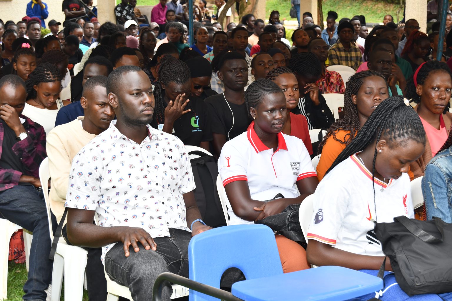 CAES Fresh men and women during Orientation. College of Agricultural and Environmental Sciences (CAES) orientation ceremony to acquaint new students with College structures, academic programmes, services, and, its contribution to the University’s core functions, 7th August 2025, School of Agricultural Sciences (SAS) Gardens, Makerere University, Kampala Uganda, East Africa.