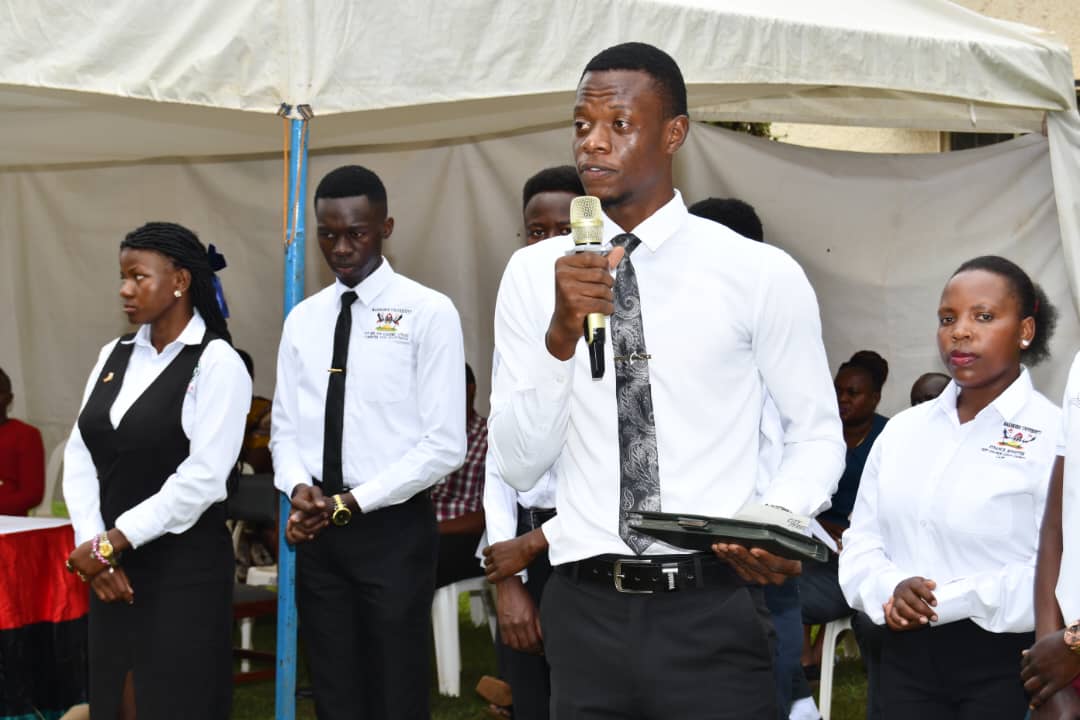 Mr Bedan Ssekandi addressing the freshers on behalf of the student leadership at CAES. College of Agricultural and Environmental Sciences (CAES) orientation ceremony to acquaint new students with College structures, academic programmes, services, and, its contribution to the University’s core functions, 7th August 2025, School of Agricultural Sciences (SAS) Gardens, Makerere University, Kampala Uganda, East Africa.