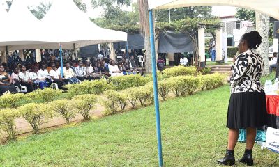 CAES Principal welcoming freshers to the College. She cautioned them to set clear goals from the start of their academic journey and to work diligently toward achieving them. College of Agricultural and Environmental Sciences (CAES) orientation ceremony to acquaint new students with College structures, academic programmes, services, and, its contribution to the University’s core functions, 7th August 2025, School of Agricultural Sciences (SAS) Gardens, Makerere University, Kampala Uganda, East Africa.