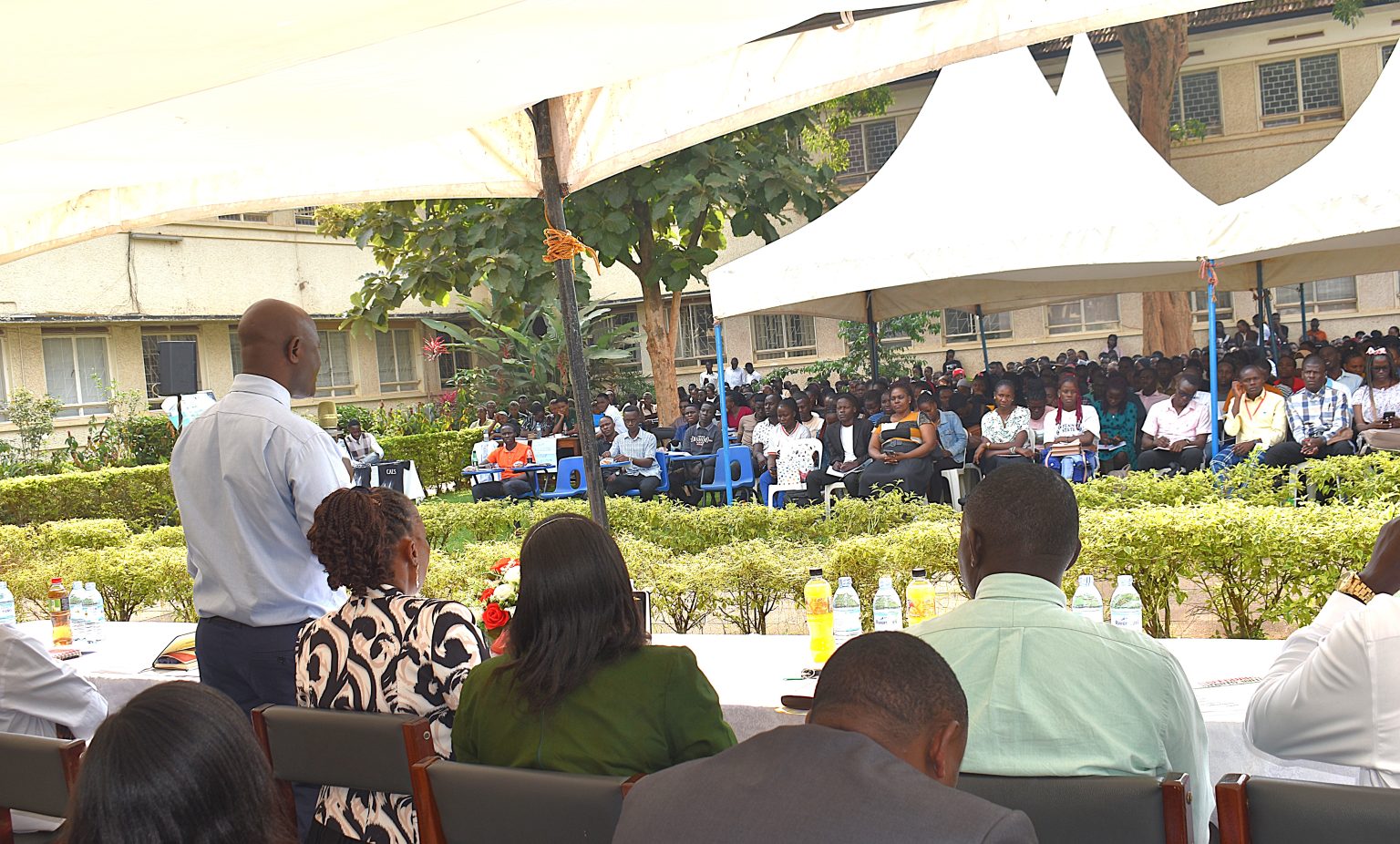 The Deputy Principal of CAES, Prof. Yazidhi Bamutaze addressing the freshers. College of Agricultural and Environmental Sciences (CAES) orientation ceremony to acquaint new students with College structures, academic programmes, services, and, its contribution to the University’s core functions, 7th August 2025, School of Agricultural Sciences (SAS) Gardens, Makerere University, Kampala Uganda, East Africa.