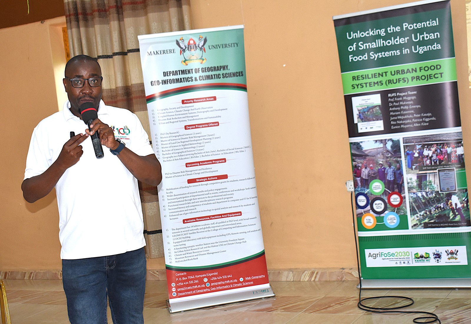 The Project Coordinator, Prof. Frank Mugagga briefing participants about the objectives of Phase II. Launch of Phase II of the Resilient Urban Food Systems (RUFS) project, aimed at deepening food security and climate resilience in Kasese Municipality and Mbale City. Funded through the AgriFoSe2030 programme and coordinated by Prof. Frank Mugagga, Department of Geography, Geo-Informatics, and Climatic Sciences, College of Agricultural and Environmental Sciences (CAES), Makerere University, Kampala Uganda, East Africa.