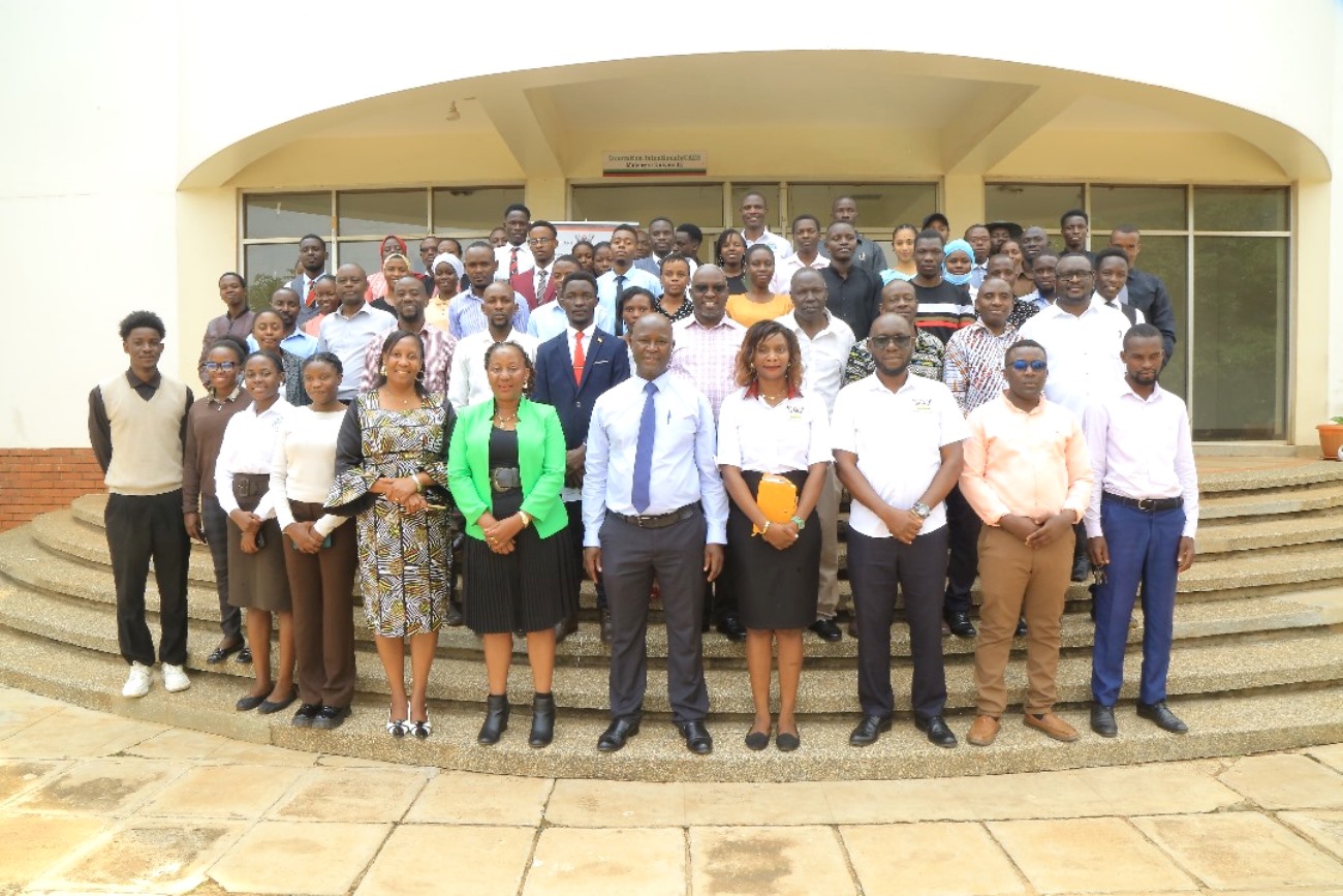 The students with the College leaders and their supervisors at the exhibition. End-of-recess exhibition School of Food Technology, Nutrition, and Biosystems Engineering, College of Agricultural and Environmental Sciences (CAES) showcasing student-led innovations, 24th July 2025, Makerere University, Kampala Uganda, East Africa.