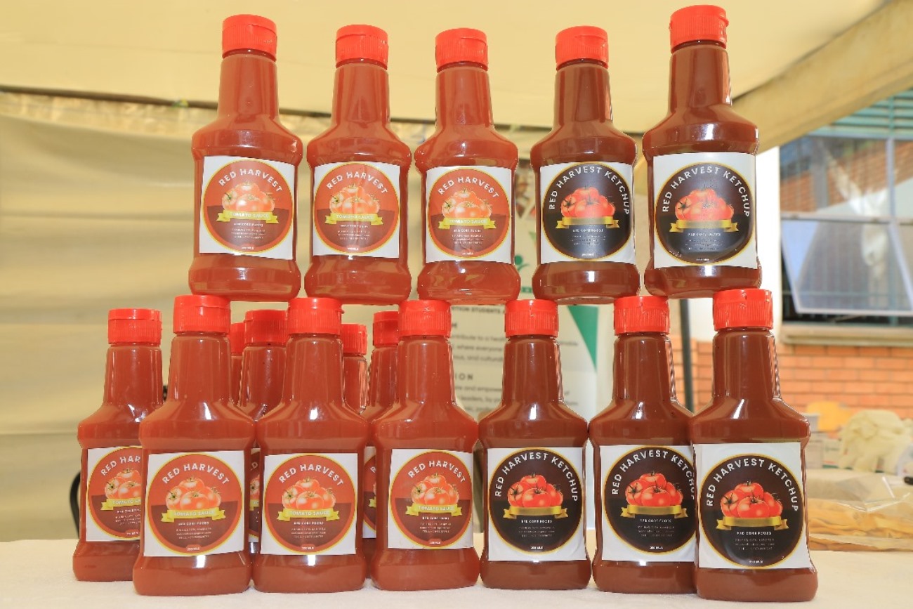 One of the products showcased by the students, Red Harvest Ketchup. End-of-recess exhibition School of Food Technology, Nutrition, and Biosystems Engineering, College of Agricultural and Environmental Sciences (CAES) showcasing student-led innovations, 24th July 2025, Makerere University, Kampala Uganda, East Africa.