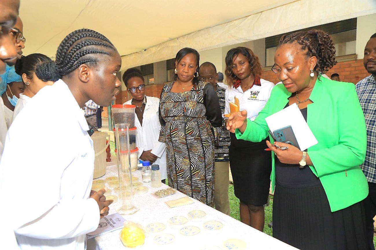 Students presenting petri dishes from a microbial analysis of street-vended mangoes sold around Makerere University, revealing potential hygiene concerns and safety risks. End-of-recess exhibition School of Food Technology, Nutrition, and Biosystems Engineering, College of Agricultural and Environmental Sciences (CAES) showcasing student-led innovations, 24th July 2025, Makerere University, Kampala Uganda, East Africa.