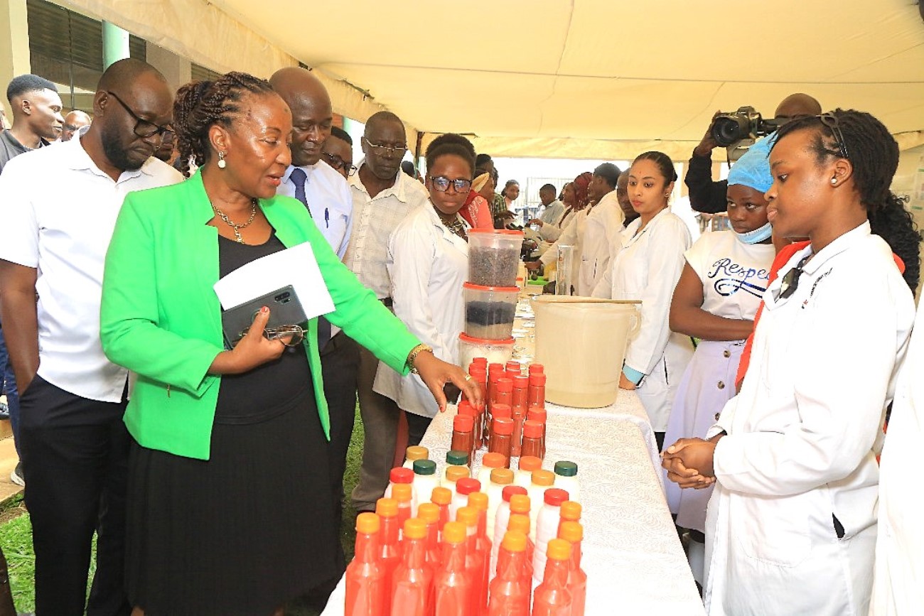 The Principal of CAES, Prof. Gorettie Nabanoga, together with the Deputy Principal, Prof. Yazidhi Bamutaze, the Head, Department of Food Technology and Nutrition, Prof. Ivan Muzira Mukisa, and some of the stakeholders touring the exhibition stalls. End-of-recess exhibition School of Food Technology, Nutrition, and Biosystems Engineering, College of Agricultural and Environmental Sciences (CAES) showcasing student-led innovations, 24th July 2025, Makerere University, Kampala Uganda, East Africa.