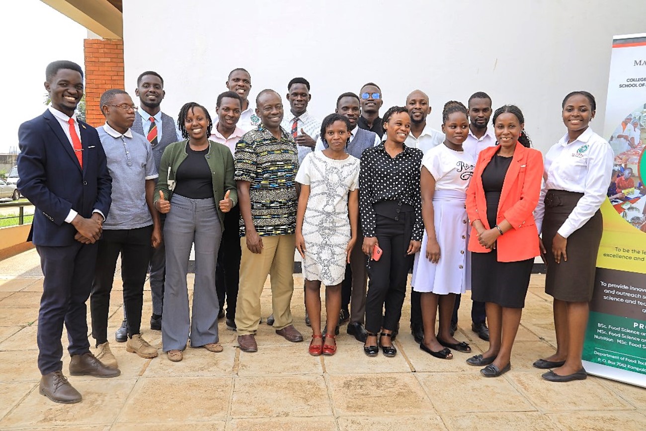 End-of-recess Some of the students with Prof. Yusuf Byaruhanga. exhibition School of Food Technology, Nutrition, and Biosystems Engineering, College of Agricultural and Environmental Sciences (CAES) showcasing student-led innovations, 24th July 2025, Makerere University, Kampala Uganda, East Africa.