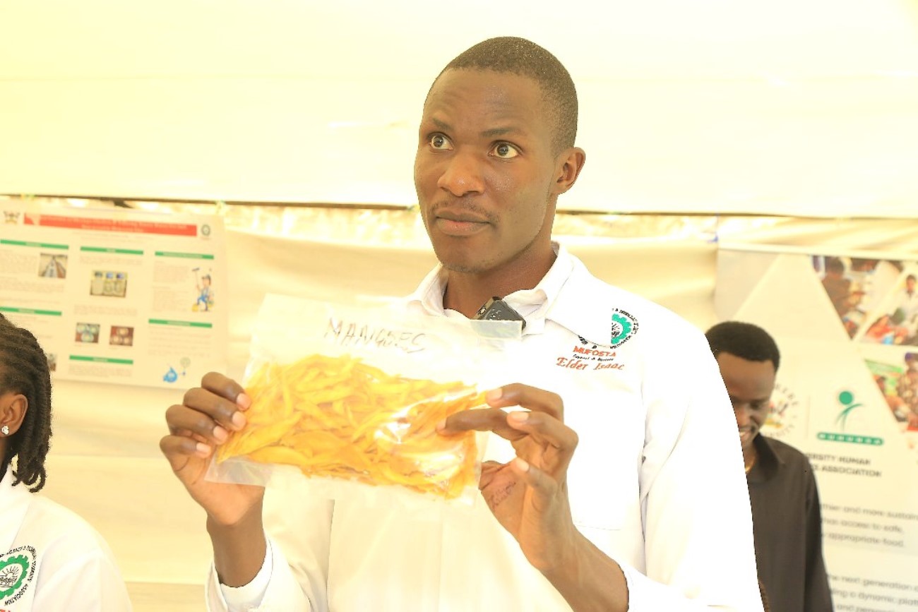 A student showcasing a package of solar-dried mangoes, one of the products they worked on during internship. End-of-recess exhibition School of Food Technology, Nutrition, and Biosystems Engineering, College of Agricultural and Environmental Sciences (CAES) showcasing student-led innovations, 24th July 2025, Makerere University, Kampala Uganda, East Africa.