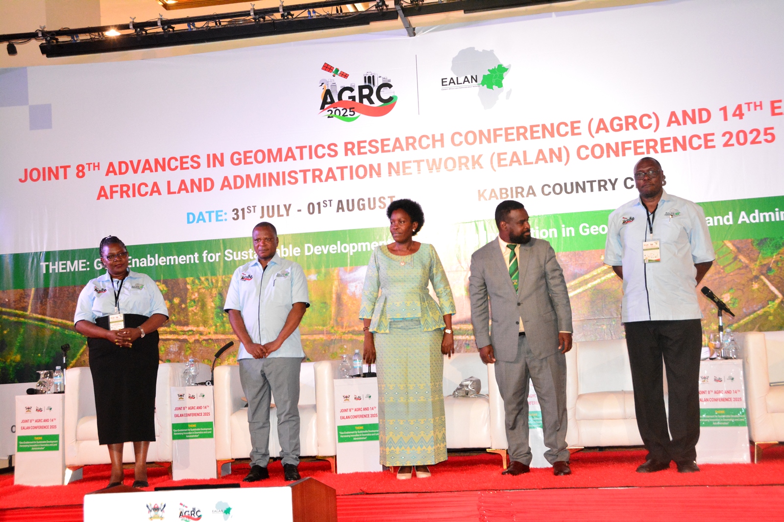 Left to Right: Dr. Lydia Mazzi Kayondo, Prof. Moses Musinguzi, Hon. Judith Nabakooba, Prof. Robert Wamala and Prof. Anthony Gidudu at the conference. Makerere University, through College of Engineering, Design, Art and Technology (CEDAT), proudly hosted the first-ever Joint 8th Advances in Geomatics Research Conference (AGRC) and 14th Eastern Africa Land Administration Network (EALAN) Conference, 31st Jul-1st Aug 2025, Kabira Country Club, Kampala Uganda, East Africa.