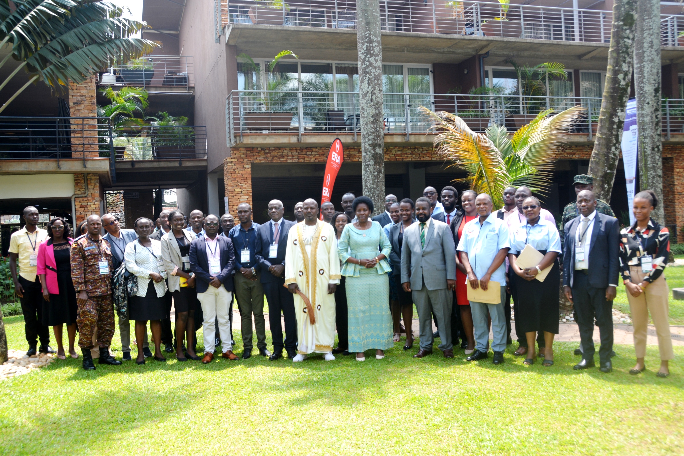 Hon. Judith Nabakooba poses for a group photo with participants after opening the Joint Conference. Makerere University, through College of Engineering, Design, Art and Technology (CEDAT), proudly hosted the first-ever Joint 8th Advances in Geomatics Research Conference (AGRC) and 14th Eastern Africa Land Administration Network (EALAN) Conference, 31st Jul-1st Aug 2025, Kabira Country Club, Kampala Uganda, East Africa.