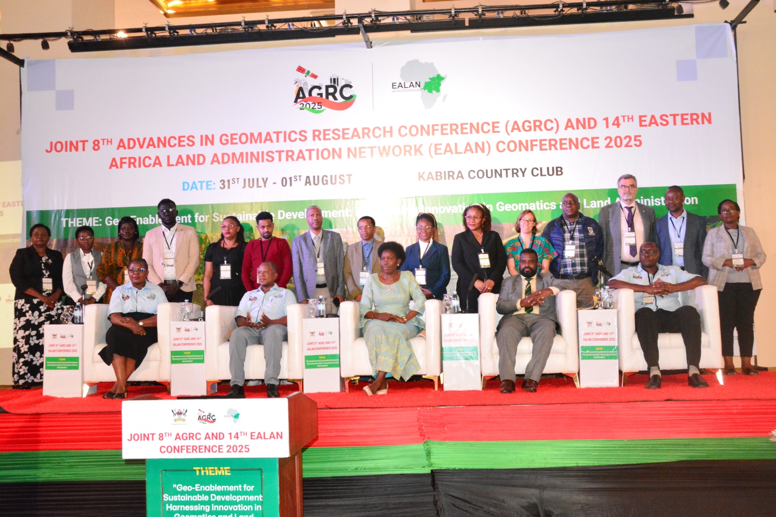 Seated Left to Right: Dr. Lydia Mazzi Kayondo, Prof. Moses Musinguzi, Hon. Judith Nabakooba, Prof. Robert Wamala and Prof. Anthony Gidudu with delegates attending the 8th AGRC and 14th EALAN. Makerere University, through College of Engineering, Design, Art and Technology (CEDAT), proudly hosted the first-ever Joint 8th Advances in Geomatics Research Conference (AGRC) and 14th Eastern Africa Land Administration Network (EALAN) Conference, 31st Jul-1st Aug 2025, Kabira Country Club, Kampala Uganda, East Africa.