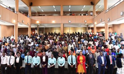 College officials, Members of the 91st College Guild Council (CGC), and Student Leaders pose for a group photo with students at the 6th August 2025 orientation. College of Education and External Studies (CEES) orientation ceremony to acquaint new students with College structures, academic programmes, services, and, its contribution to the University’s core functions, 6th August 2025, Yusuf Lule Central Teaching Facility Auditorium, Makerere University, Kampala Uganda, East Africa.