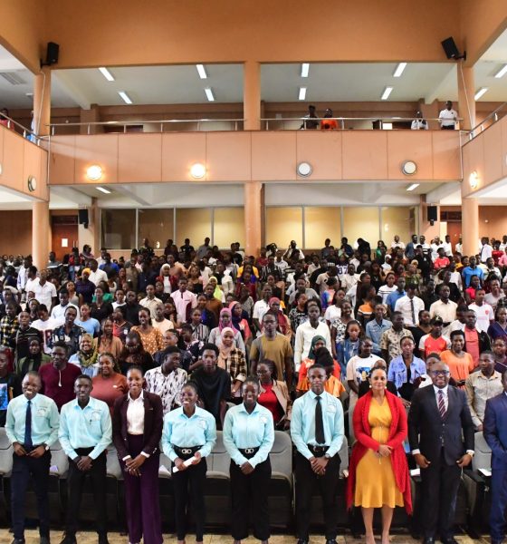 College officials, Members of the 91st College Guild Council (CGC), and Student Leaders pose for a group photo with students at the 6th August 2025 orientation. College of Education and External Studies (CEES) orientation ceremony to acquaint new students with College structures, academic programmes, services, and, its contribution to the University’s core functions, 6th August 2025, Yusuf Lule Central Teaching Facility Auditorium, Makerere University, Kampala Uganda, East Africa.