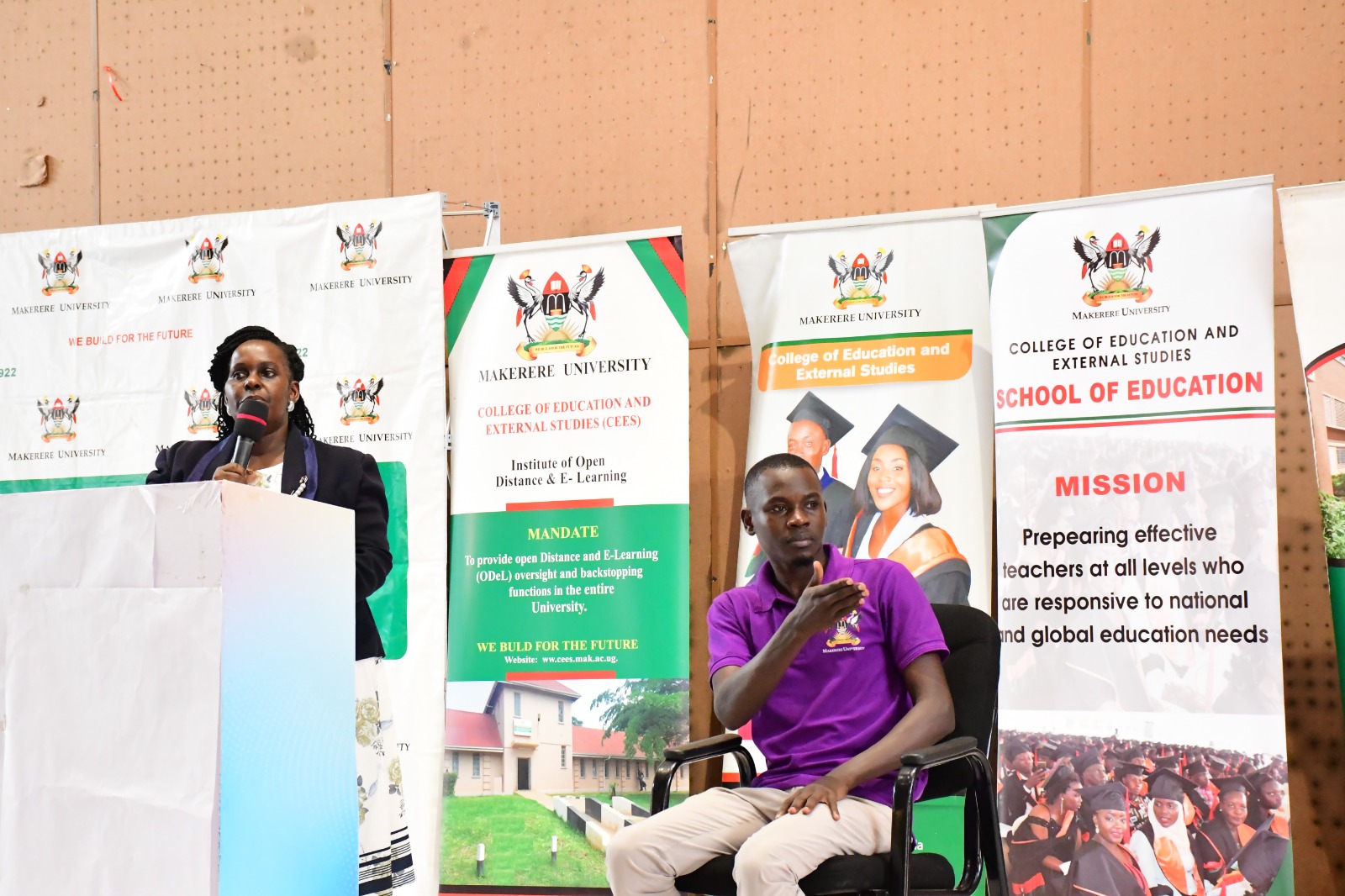 College Registrar, Mrs Joanna Kayaga Kiwana presenting to first year students. College of Education and External Studies (CEES) orientation ceremony to acquaint new students with College structures, academic programmes, services, and, its contribution to the University’s core functions, 6th August 2025, Yusuf Lule Central Teaching Facility Auditorium, Makerere University, Kampala Uganda, East Africa.