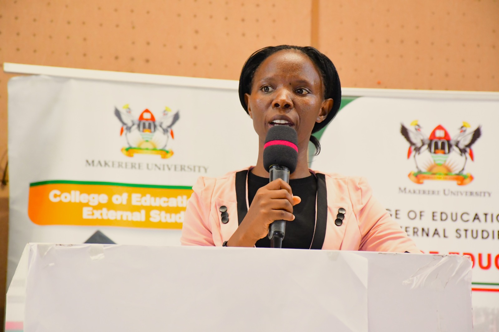 Ms Ritah Namisango rallies new students to support college communications. College of Education and External Studies (CEES) orientation ceremony to acquaint new students with College structures, academic programmes, services, and, its contribution to the University’s core functions, 6th August 2025, Yusuf Lule Central Teaching Facility Auditorium, Makerere University, Kampala Uganda, East Africa.