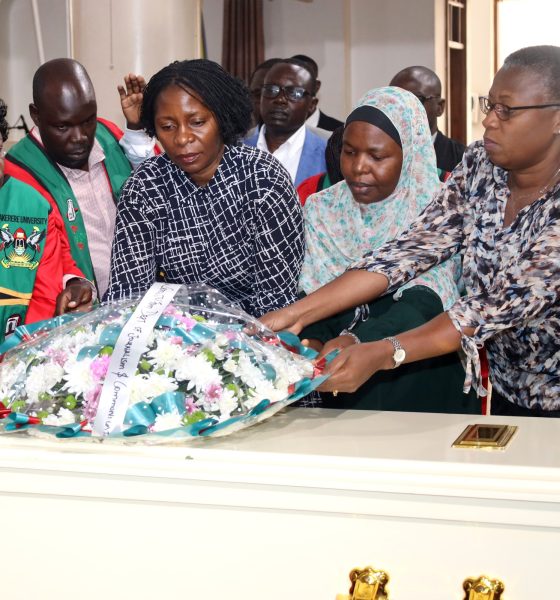 Left to Right: Prof. Gorretti Nassanga, Dr. John Baptist Imokola, Ms. Harriet Sebaana, Dr. Wilson Kaija, Dr. Aisha Nakiwala, Dr. Charlotte Ntulume and other colleagues lay a wreath on Dr. Brian Semujju's casket in St. Francis Chapel on 5th August 2025. Funeral service in honour of Dr. Brian Semujju-Senior Lecturer, Department of Journalism and Communication, School of Languages Literature and Communication, College of Humanities and Social Sciences (CHUSS), 5th August 2025, St. Francis Chapel, Makerere University, Kampala Uganda, East Africa.